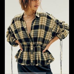 Free People We the Free Balloon
Sleeve Pacific Dawn Flannel Plaid Top XS